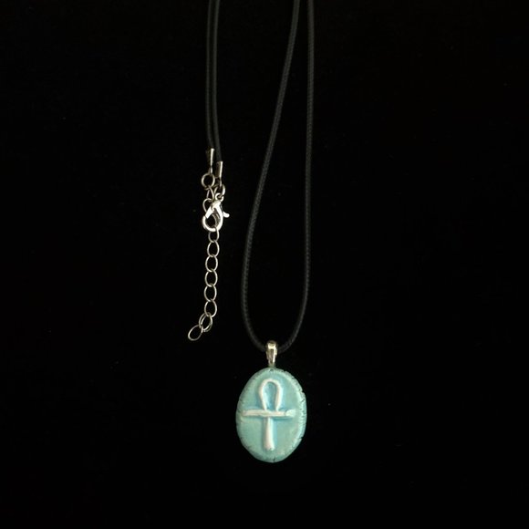 Handmade Ceramic Light Blue Ankh or Key of Life Pendant Necklace - Picture 4 of 14